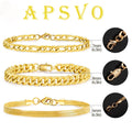 APSVO 3 Pcs 14K Gold Plated Bracelets for Men Women,Gold Charm Bracelet Sterling Silver Cuban Link Curb Figaro Herringbone Chain Bracelets Set Jewelry Gifts 6.5/7/7.5/8.3/9 Inches Chain