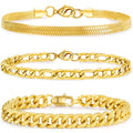 APSVO 3 Pcs 14K Gold Plated Bracelets for Men Women,Gold Charm Bracelet Sterling Silver Cuban Link Curb Figaro Herringbone Chain Bracelets Set Jewelry Gifts 6.5/7/7.5/8.3/9 Inches Chain