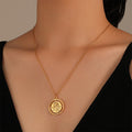 Fashionable temperament embossed gold coin pendant necklace retro round rose collarbone chain Jewelry for Women-Gold